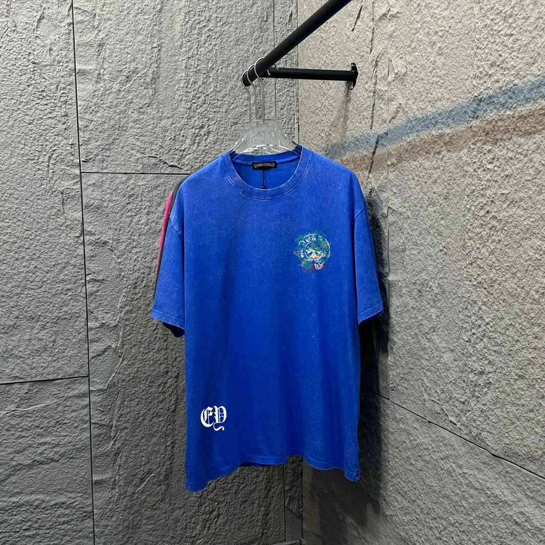 🅿️180 CH Crow Heart* 2025 spring and summer new style Snowflake distressed washed retro round neck short sleeves Chest logo Horseshoe print Customized fabric Short-sleeved T-shirt Unisex Size: S M L XL XXL Color: Snowflake Black Snowflake Gray Snowflake Pink Snowflake Blue
